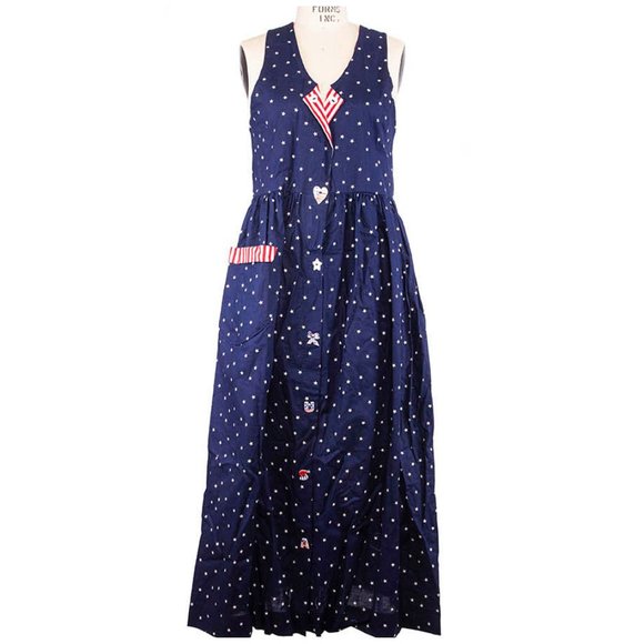 Dogwood Lane Women’s Blue Dress Patriotic Flag Button Stars Hearts Sleeveless S - Picture 1 of 9